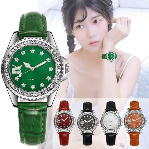 Ladies Quartz Watch Alloy Case Imitation Leather Strap Stainless Steel Clasp Round Dial