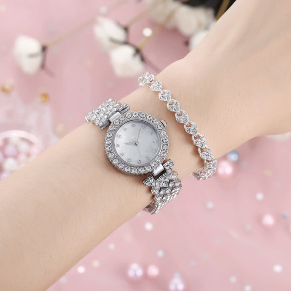 Ladies Quartz Watch And Bracelet Set Alloy Stainless Steel Round Dial Leisure Style Full Diamond