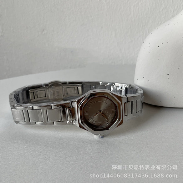 Ladies Quartz Watch Metal Fine Steel Rose Gold Buckle Polygon Flower Shape Gray Texture Fashionable