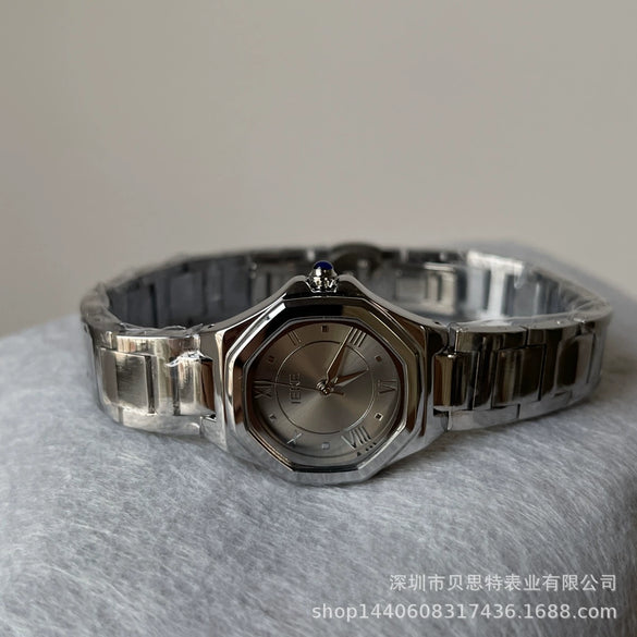 Ladies Quartz Watch Metal Fine Steel Rose Gold Buckle Polygon Flower Shape Gray Texture Fashionable