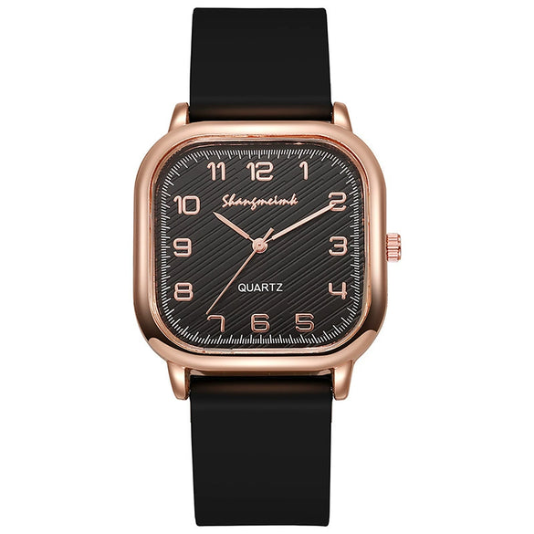 Ladies Quartz Watch Square Alloy Case Silicone Strap Business Style