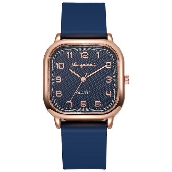 Ladies Quartz Watch Square Alloy Case Silicone Strap Business Style