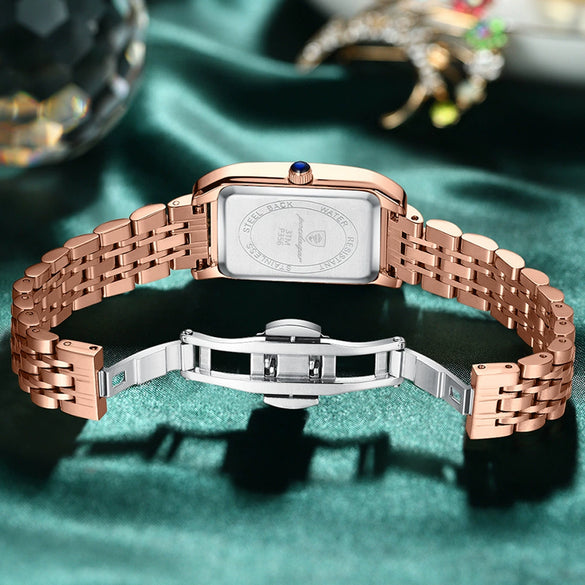 Ladies Quartz Watch Ultrathin Alloy Case Stainless Steel Strap Rectangle Dial Mineral Strengthened Glass Mirror Onion Crown
