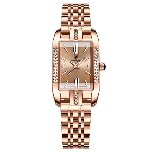Ladies Quartz Watch Ultrathin Alloy Case Stainless Steel Strap Rectangle Dial Mineral Strengthened Glass Mirror Onion Crown