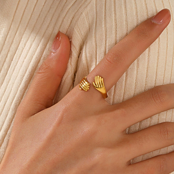 Ladies Retro Geometric Stainless Steel Hug Ring With Real Gold Plating