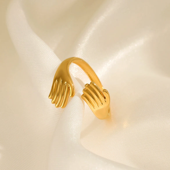 Ladies Retro Geometric Stainless Steel Hug Ring With Real Gold Plating