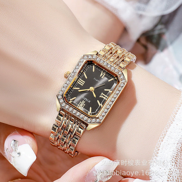 Ladies Retro Quartz Wrist Watch With Roman Numerals Rhinestone Dial Alloy Belt Rectangle Shape