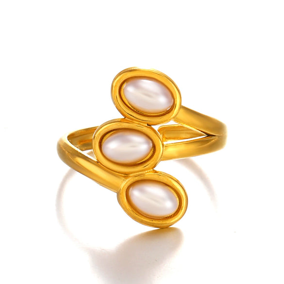 Ladies Retro Style Stainless Steel And Pearl Inlaid Geometric Ring With Electroplating