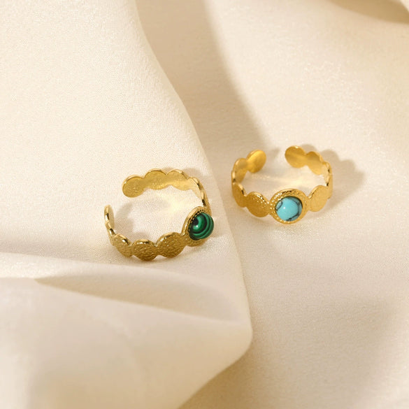Ladies Ring Stainless Steel 18K Gold Pvdp Furnace Real Gold Hammer Texture Inlaid Turquoise Geometric