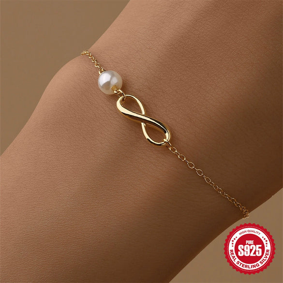 Ladies S925 Sterling Silver Geometric Pattern Glossy Eight Character Chain Pearl Bracelet With Real Gold Electroplating