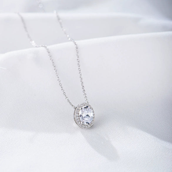Ladies Silver 925 Sterling Microinlaid Zircon Oval Geometric Clavicle Chain Necklace With Diamond Treatment