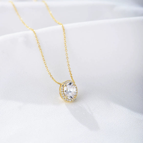 Ladies Silver 925 Sterling Microinlaid Zircon Oval Geometric Clavicle Chain Necklace With Diamond Treatment