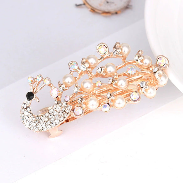 Ladies Spring Hair Clip Alloy Electroplated Crystal Pearl Bow Hair Accessory