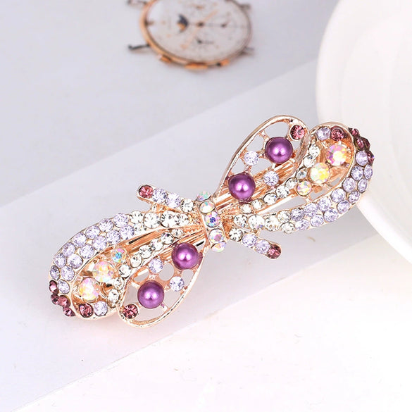 Ladies Spring Hair Clip Alloy Electroplated Crystal Pearl Bow Hair Accessory