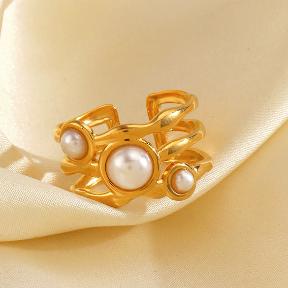 Ladies Stainless Steel And Pearl Geometric Irregular Shaped Hip Hop Retro Style Electroplated Ring