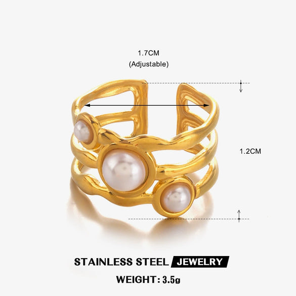 Ladies Stainless Steel And Pearl Geometric Irregular Shaped Hip Hop Retro Style Electroplated Ring