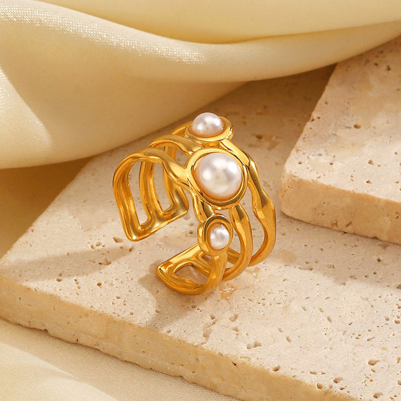 Ladies Stainless Steel And Pearl Geometric Irregular Shaped Hip Hop Retro Style Electroplated Ring