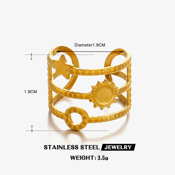 Ladies Stainless Steel And Pearl Geometric Style Star Sun Opening Adjusting Ring 18K Gold Plated