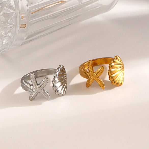 Ladies Stainless Steel And Shell Starfish Design Opening Ring With Electroplating