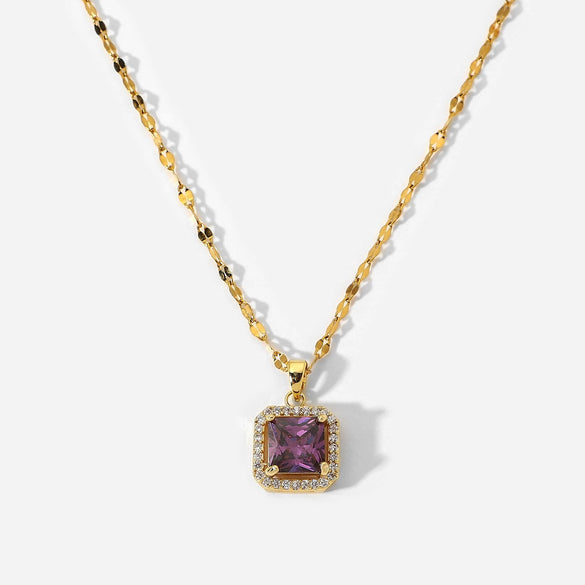 Ladies Stainless Steel Chain With Copper Pendant White Micro Set Zircon Edge Purple Square Zir Electroplated Necklace