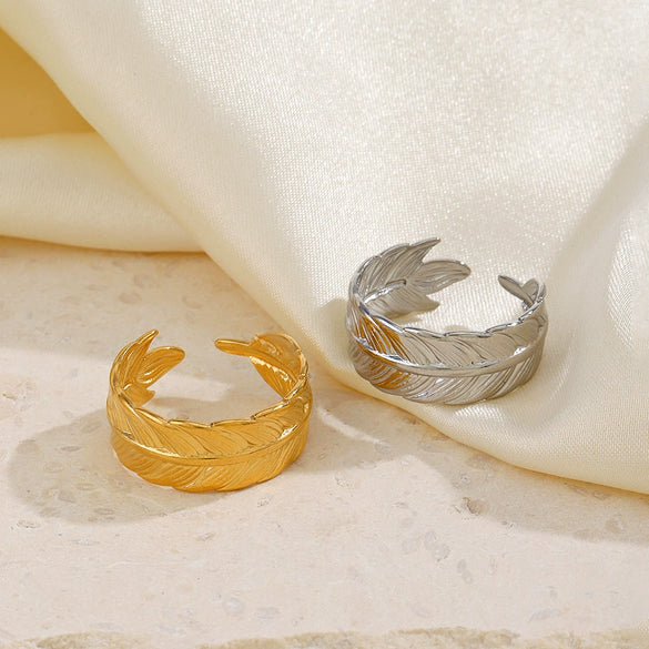 Ladies Stainless Steel Feather Ring Real Gold Plated