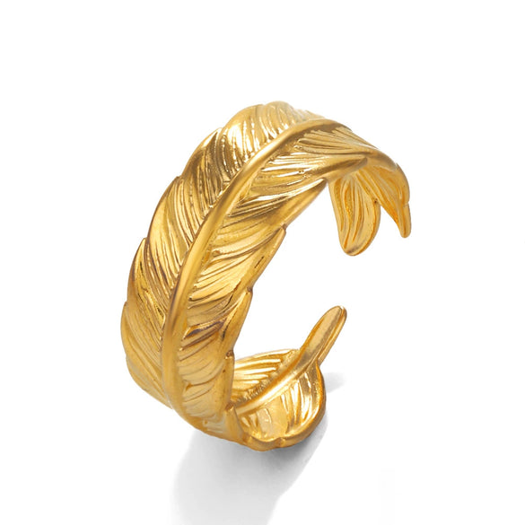 Ladies Stainless Steel Feather Ring Real Gold Plated