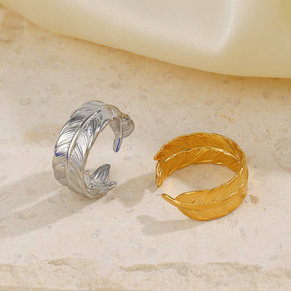 Ladies Stainless Steel Feather Ring Real Gold Plated