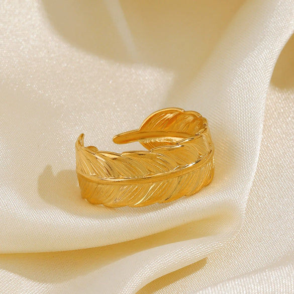 Ladies Stainless Steel Feather Ring Real Gold Plated