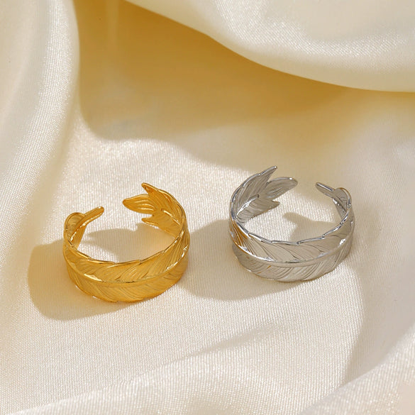 Ladies Stainless Steel Feather Ring Real Gold Plated