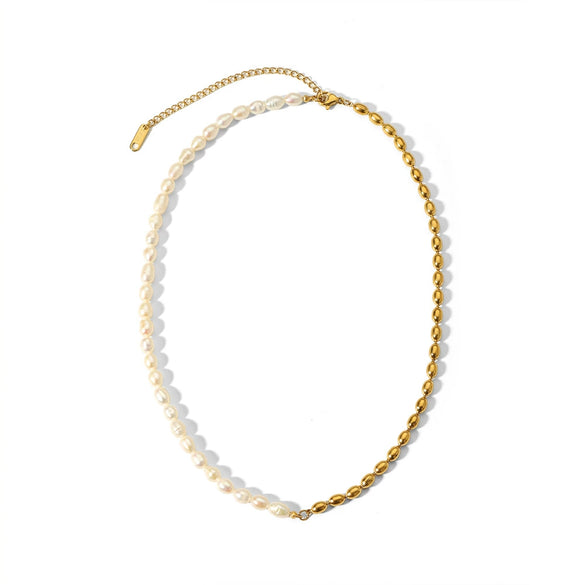Ladies Stainless Steel Freshwater Pearl Necklace With Geometric Pattern And Pvdp Furnace Real Gold Treatment