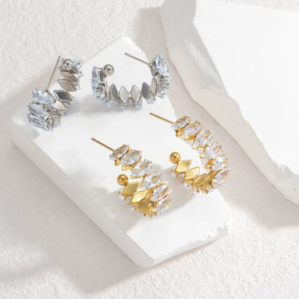 Ladies Stainless Steel Geometric Diamond Cshaped Earrings
