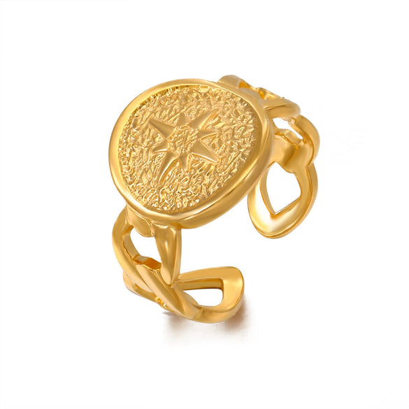 Ladies Stainless Steel Geometric Eightpointed Star Hydraulic Open Ring With Real Gold Electroplated