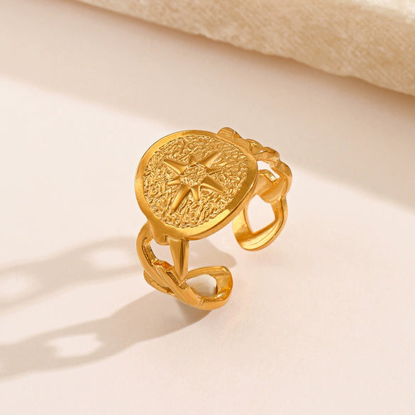 Ladies Stainless Steel Geometric Eightpointed Star Hydraulic Open Ring With Real Gold Electroplated