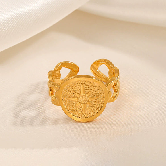Ladies Stainless Steel Geometric Eightpointed Star Hydraulic Open Ring With Real Gold Electroplated