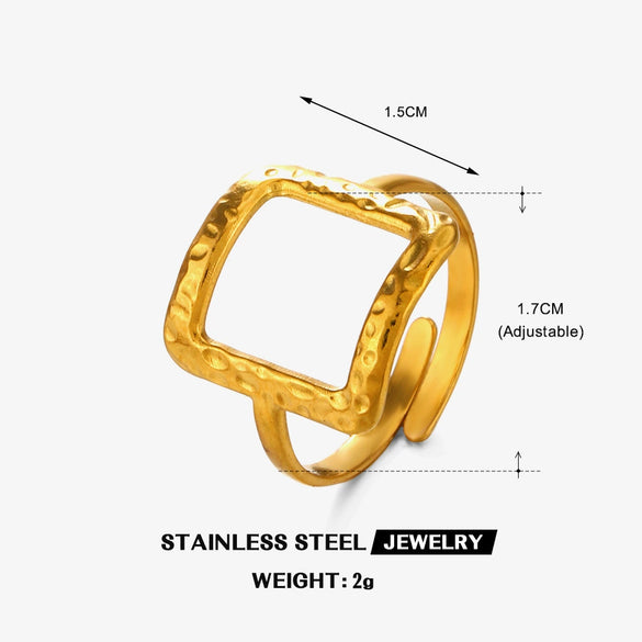 Ladies Stainless Steel Geometric Hollow Square Hip Hop Hammered Electroplated Ring