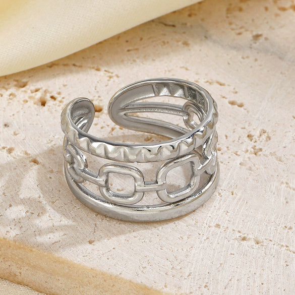Ladies Stainless Steel Geometric Open Ring With Real Gold Plating Hip Hop Style