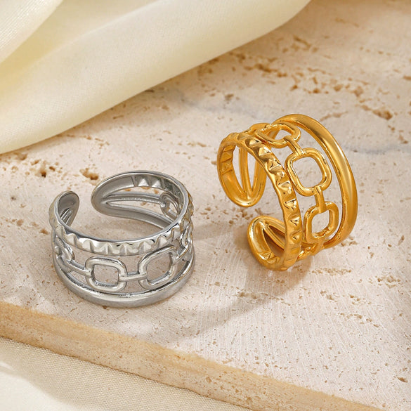 Ladies Stainless Steel Geometric Open Ring With Real Gold Plating Hip Hop Style