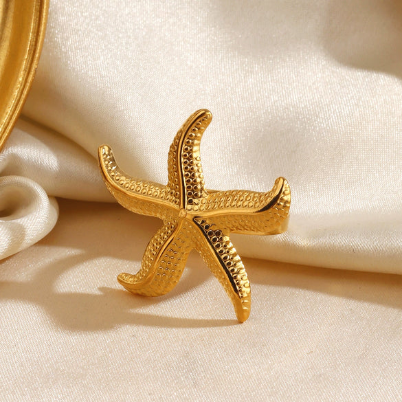 Ladies Stainless Steel Geometric Starfish Open Ring Electroplated Hiphop Style