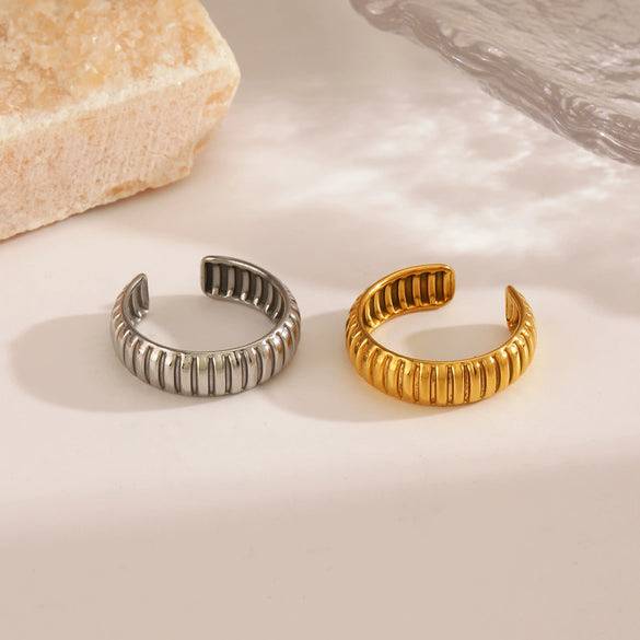 Ladies Stainless Steel Geometric Striped Open Ring Electroplated