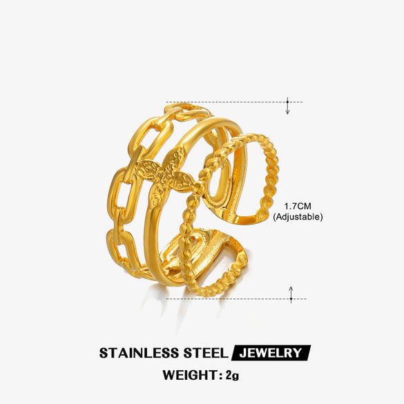 Ladies Stainless Steel Geometric Style 18K Gold Plated Opening Adjustable Three Layer Ring