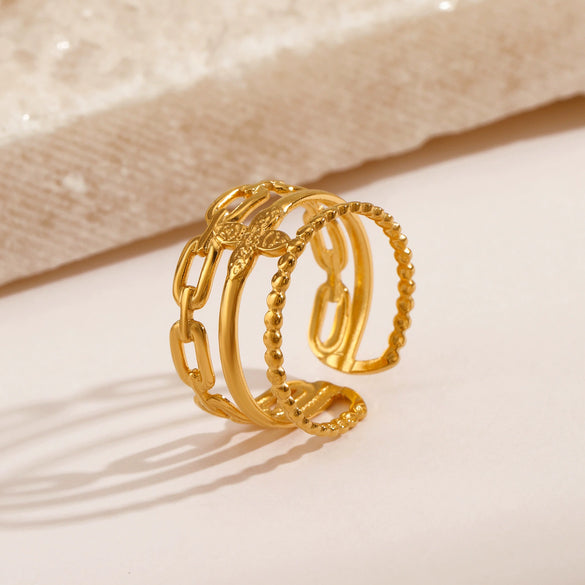 Ladies Stainless Steel Geometric Style 18K Gold Plated Opening Adjustable Three Layer Ring