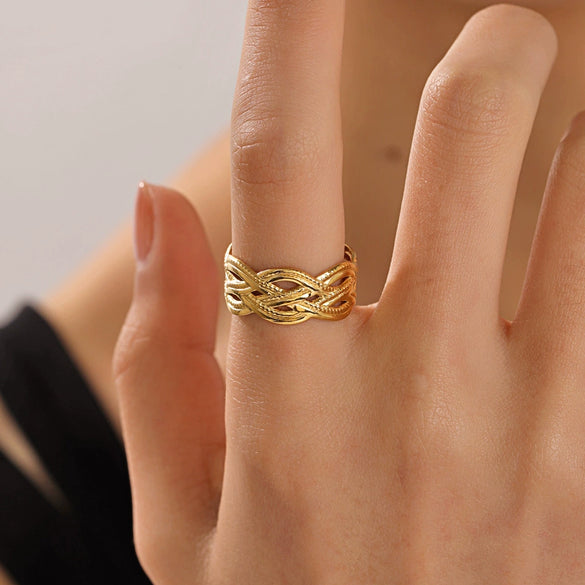 Ladies Stainless Steel Geometric Style Opening Adjustable Ring With Electroplating And 18K Gold Plated