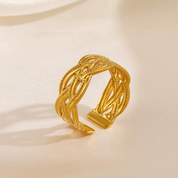 Ladies Stainless Steel Geometric Style Opening Adjustable Ring With Electroplating And 18K Gold Plated