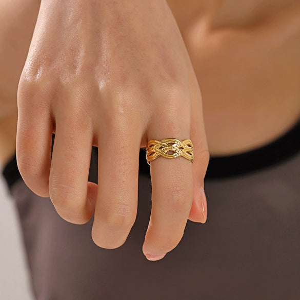 Ladies Stainless Steel Geometric Style Opening Adjustable Ring With Electroplating And 18K Gold Plated