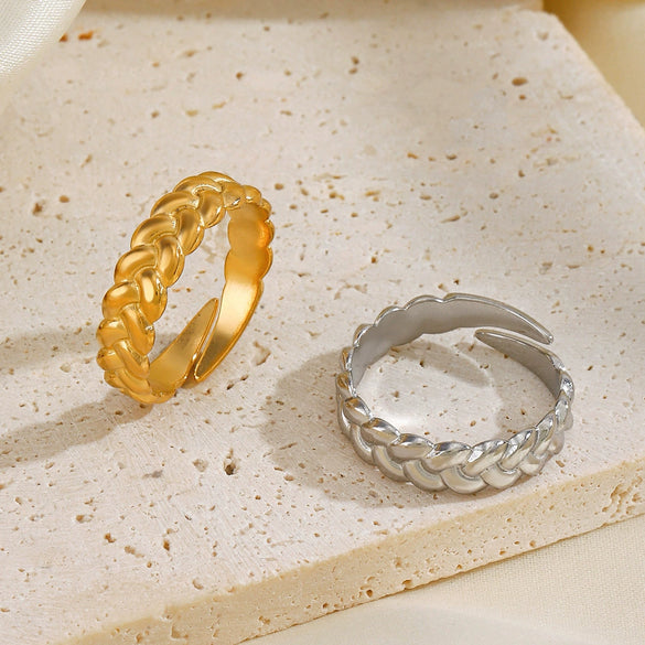 Ladies Stainless Steel Geometric Twist Opening Adjustable Ring With Real Gold Electroplated