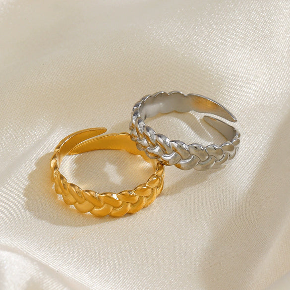 Ladies Stainless Steel Geometric Twist Opening Adjustable Ring With Real Gold Electroplated