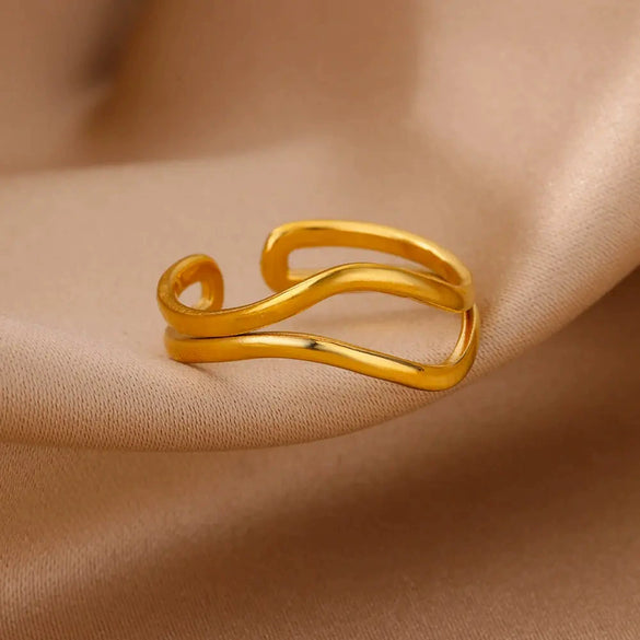 Ladies Stainless Steel Gold Plated Adjustable Wave Opening Ring With Electroplating