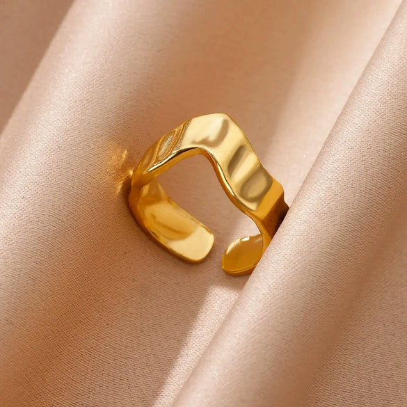 Ladies Stainless Steel Gold Plated Adjustable Wave Opening Ring With Electroplating