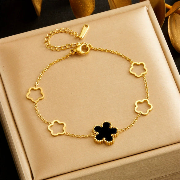 Ladies Stainless Steel Goldplated Bracelet With Flower Hollow Design And Korean Fashion Style