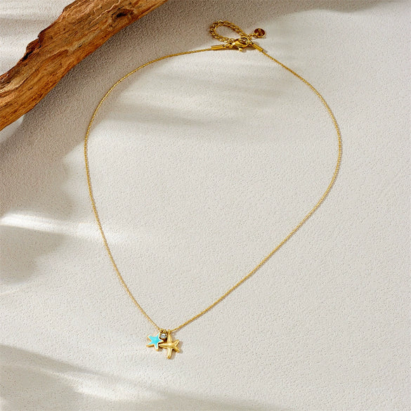 Ladies Stainless Steel Goldplated Necklace With Fashion Simple Fresh Oil Dripping Blue Starfish Pendant And Snake Bone Chain